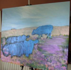 Step 2 of New Painting on the way  Cows lying down on Dartmoor